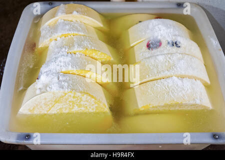 Les jeunes du comté de gruyère dans la baignoire avec du sel en Franche Comte dairy en Bourgogne, France. Banque D'Images