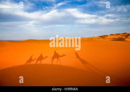 Ombre d'une caravane sur un incroyable dunes de sable du désert du Sahara à Merzouga, Maroc Banque D'Images