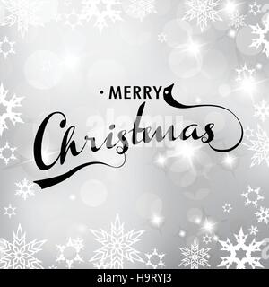Fond argenté avec des flocons de Noël et Joyeux Noël texte. Illustration de Vecteur