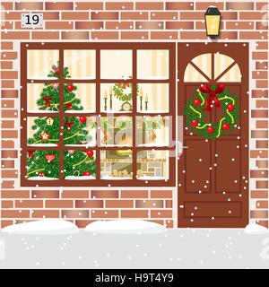 Décoration de Noël porte, house entrée avec guirlande. Allumé la façade de l'immeuble de briques rouges avec porte, fenêtre, Garland, arbre de Noël, des flocons de neige, sapin Illustration de Vecteur