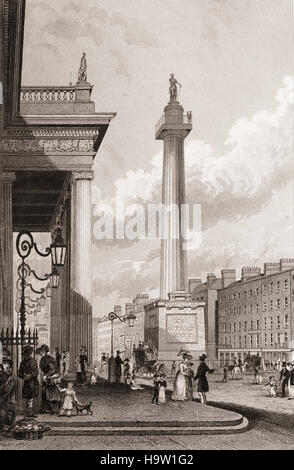 19e siècle vue de Nelson (Nelson aka le pilier ou simplement le pilier) était une grande colonne de granit surmontée d'une statue de l'amiral Nelson, construite au centre de ce qui était alors la rue Sackville (renommée plus tard O'Connell Street) à Dublin, Irlande. Achevé en 1809 lorsque l'Irlande faisait partie du Royaume-Uni, il a survécu jusqu'en mars 1966, lorsqu'il a été gravement endommagé par des explosifs plantés par les républicains irlandais. Ses vestiges ont été détruits plus tard par l'armée irlandaise et il a été remplacé par le Spire de Dublin. Banque D'Images