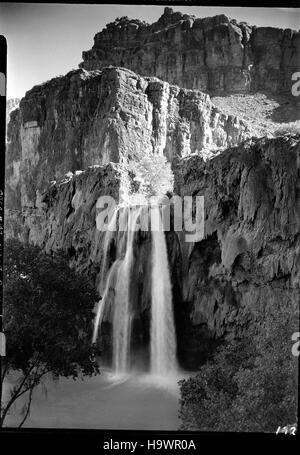 Cette photo historique de 1938 capture la beauté des chutes Havasu, situées dans le Grand Canyon, Arizona. L'image montre la cascade emblématique entourée d'une végétation luxuriante. Havasu Falls est une destination populaire pour les randonneurs et les amateurs de nature, offrant des vues panoramiques et une riche signification culturelle. Banque D'Images