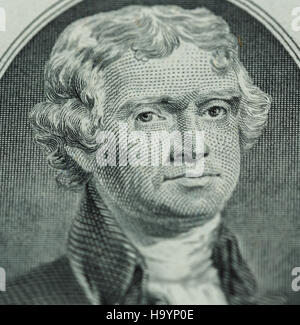 Le président Thomas Jefferson face sur nous deux dollar bill closeup macro, united states argent Banque D'Images