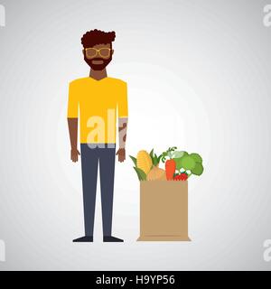Cartoon homme afroamerican avec sac boutique alimentation saine illustration vecteur eps 10 Illustration de Vecteur