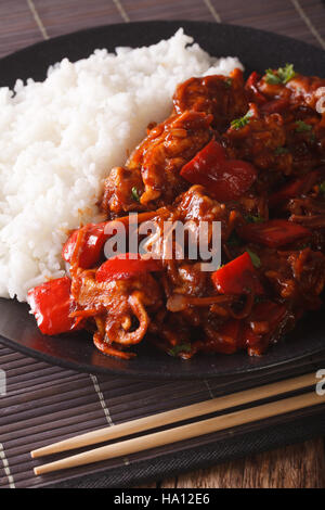 La nourriture asiatique : Riz avec du ragoût de porc aux légumes libre à la plaque verticale. Banque D'Images