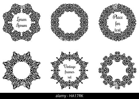 Ensemble d'ornements géométriques rond dentelle ronde vecteur complexe frames.Circle , ornement dentelle napperon collection géométrique des images. Ensemble Noir et blanc avec pl Illustration de Vecteur