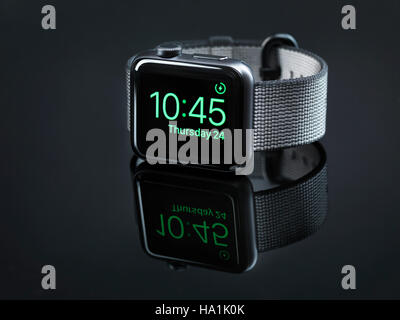 L'acier brillant série Apple Watch smartwatch 2 sur fond noir Banque D'Images