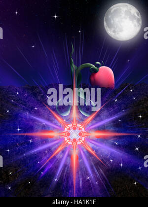 Licence disponible sur MaximImages.com - Fleur montant du sol en pleine lune avec sa fleur magique lumineuse dans ses racines souterraines, conceptuelles Banque D'Images
