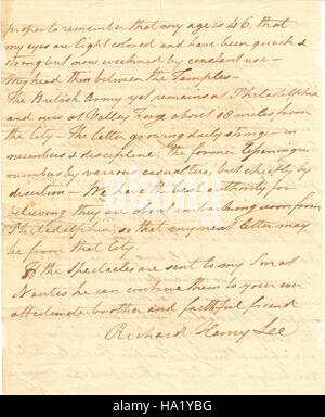 Cette lettre de Richard Henry Lee à son frère Arthur, datée de la Révolution américaine, fournit le contexte historique du parc national de Valley Forge, un site essentiel dans l'histoire et la stratégie militaire américaines. Banque D'Images