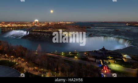 Vue aérienne de Niagara Falls en Ontario Canada le panorama par nuit, pendant les phases. Banque D'Images