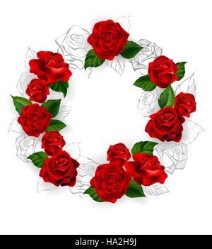 Cercle de volume rouge et dessiner une esquisse au crayon de roses sur un fond blanc. Illustration de Vecteur