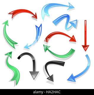 Flèches courbes volume de verre : noir, rouge, vert et bleu sur fond blanc Illustration de Vecteur