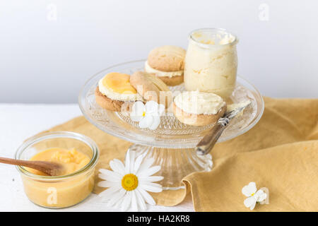 Pot de lait caillé de citron fait maison avec moment de fusion de biscuits et de crème au beurre au citron Banque D'Images