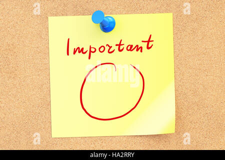 Texte important sur un papillon épinglé sur un tableau de liège. Le rendu 3D Banque D'Images