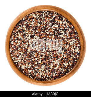 Les graines de quinoa mixtes dans bol en bois. Jaune, rouge et noir des fruits comestibles de récolte du grain dans le Chenopodium quinoa Amarante famille. Banque D'Images