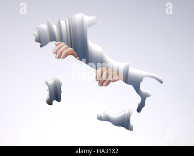 Trou à l'aide d'une carte de l'Italie avec mains accrochant, 3d illustration Banque D'Images