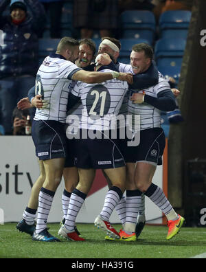 Ecosse de Stuart Hogg fête marquant un essai avec ses coéquipiers pendant l'automne de l'International match de rugby Park, Kilmarnock. Banque D'Images