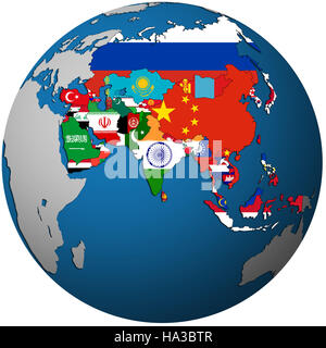 Isolated over white les territoires des pays asiatiques avec les drapeaux sur la carte du globe Banque D'Images