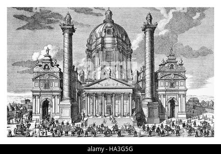Belle gravure de l'Église Saint-Charles (Karlskirche) à Vienne en style baroque exceptionnel avec le dôme ellipsoïdal et les colonnes d'accompagnement, début XVIII siècle gravure Banque D'Images