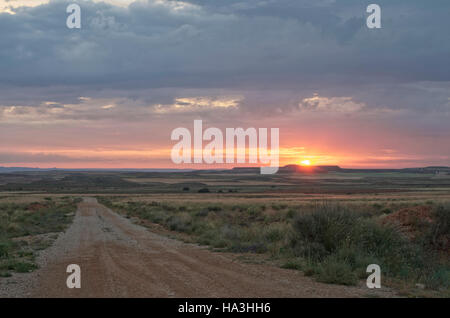 Le lever du soleil sur les plaines d'El Planeron réserve ornithologique, Aragon, Espagne Banque D'Images