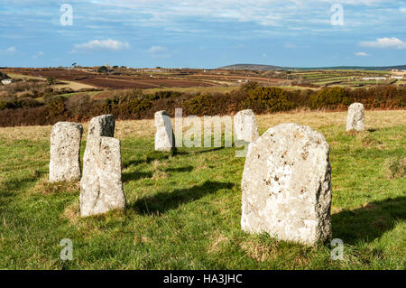 Le Merry Maidens, un cercle de pierres néolithiques proximité St Buryan dans Cornwall, England, UK Banque D'Images