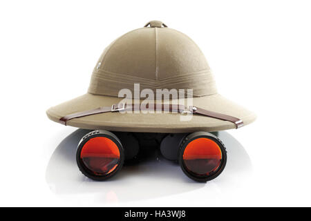 Pith helmet with binoculars Banque D'Images