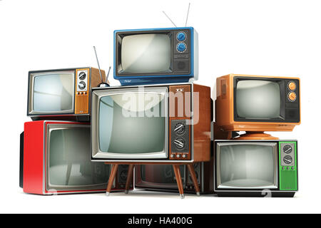 Heap de retro TV isolé sur fond blanc. La communication, les médias et la télévision concept. 3d illustration Banque D'Images