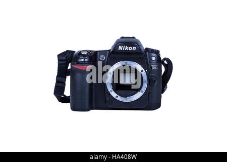 Nikon D80 appareil photo noir sur fond blanc Banque D'Images