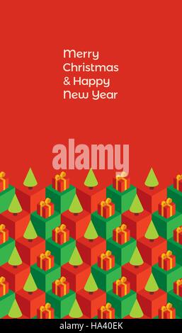 Maison de vacances Carte de vœux. Texte 'Merry Christmas' sur un fond rouge. Modèle avec des cubes isométriques, rouge et cadeaux de Noël vert Illustration de Vecteur