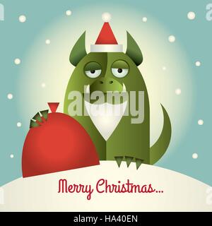 Vector illustration d'un monstre vert avec barbe et Santa hat holding un sac rouge. Texte : Joyeux Noël. Style rétro. Illustration de Vecteur