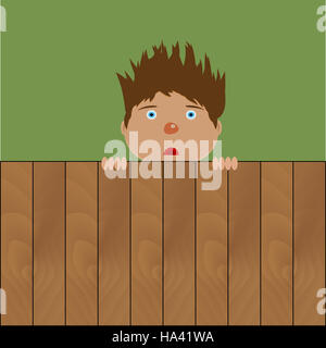Crazy boy derrière une clôture. Jeune homme avec hairstyle sur clôture en bois. Vector illustration Banque D'Images