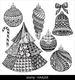 Zentangle collection de noël. Sketch par trace. Écrit main floral ethnique doodle. Zendoodle les éléments de conception de scénario. Jeu de coloriage pour Noël, Illustration de Vecteur