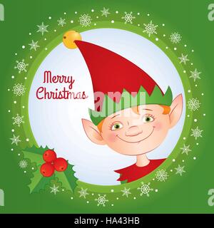 Cartoon Vector illustration. Carte de voeux avec texte 'Merry Christmas' et portrait of a cute elf dans un bonnet rouge avec un jingle bell sur elle. Squar Illustration de Vecteur