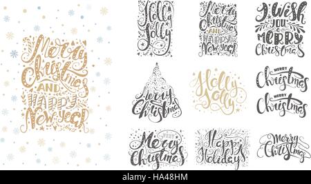 Joyeux Noël avec des flocons de lettrage. Texte dessiné à la main, Illustration de Vecteur