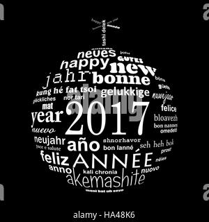 Nouvel an 2017 nuage de mots de texte multilingue carte de souhaits en forme de boule de noël Banque D'Images