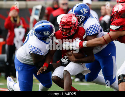 Louisville, Kentucky, USA. Feb 23, 2016. Louisville Cardinals quarterback Lamar Jackson (8) sac par la défense britannique au quatrième trimestre en Kentucky Louisville 41-38 défait le samedi 26 novembre 2016 à Louisville, KY. © Lexington Herald-Leader/ZUMA/Alamy Fil Live News Banque D'Images