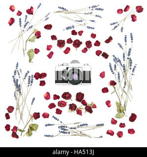 Vintage caméra. Floral frame avec des roses et des fleurs de lavande. Arrière-plan de mise à plat. Les plantes séchées Banque D'Images
