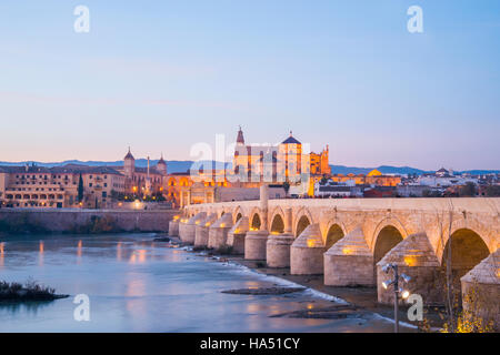 Pont romain sur la rivière Guadalquivir, vision de nuit. Cordoue, Espagne. Banque D'Images