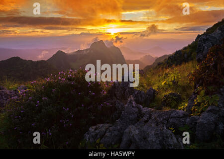Magnifique coucher de soleil dans les montagnes à Doi Luang Chiang Dao, Chiang Mai, Thaïlande Banque D'Images