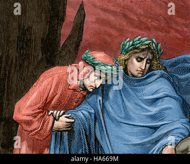 Divine Comédie. Poème épique écrit par Dante Alighieri entre 1308 et sa mort en 1321. Voyage de Dante par l'enfer, guidé par le poète romain Virgile. Gravure de Gustave Dore. De couleur. Banque D'Images