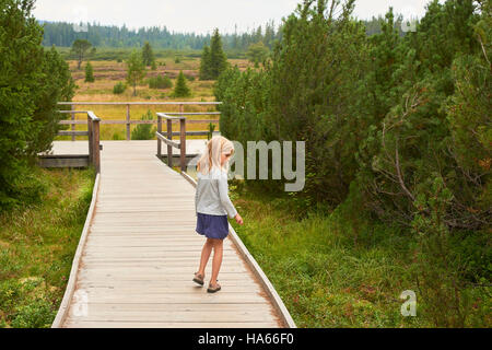 Petit enfant fille blonde explorer la nature au lac trois moor (Trijezerni barrette), Parc National Sumava, forêt de Bohême, République Tchèque Banque D'Images