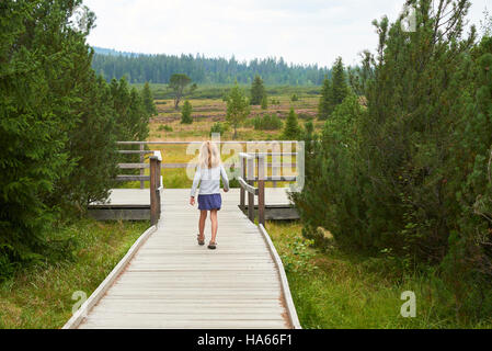 Petit enfant fille blonde explorer la nature au lac trois moor (Trijezerni barrette), Parc National Sumava, forêt de Bohême, République Tchèque Banque D'Images