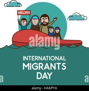 Les réfugiés sur le bateau en plein océan. Nous aider. La journée internationale des migrants. Vector illustration. Illustration de Vecteur