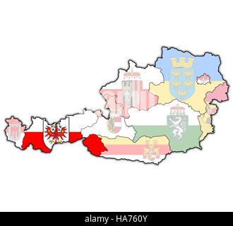 Tirol drapeau sur la carte de l'Autriche avec les divisions administratives Banque D'Images