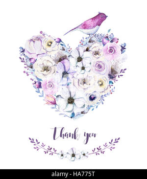 Aquarelle vintage floral rose bouquet coeur piony. Printemps Boho Banque D'Images