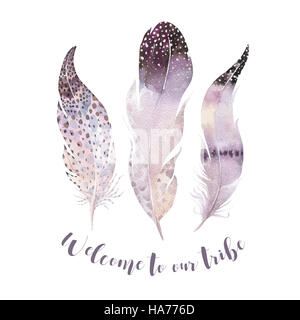 Hand drawn aquarelles plume vibrante set. Style Boho Banque D'Images
