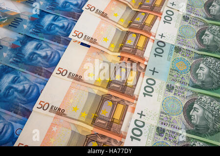 PLN EURO et CHF Billets portant dans une ligne Banque D'Images
