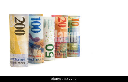 Série de billets en franc suisse isolé sur fond blanc avec clipping path Banque D'Images