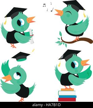 Ensemble de dessins animés d'oiseaux verts mignons dans des robes de graduation et des chapeaux. Étudiants diplômés de l'école et de la maternelle avec des diplômes. Illustration vectorielle Illustration de Vecteur