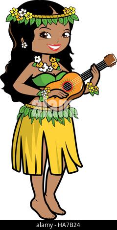 Hawaiian woman jouer de la musique avec sa guitare dans une jupe d'herbe et de fleurs exotiques. Illustration de Vecteur